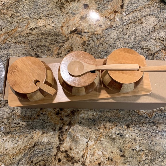 Condiment Bamboo Wood Set of 3 with spoons! - Picture 3 of 6